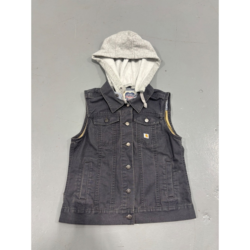 Carhartt Canvas Hooded Detroit Vest Charcoal Grey Button Front Small S 4/6